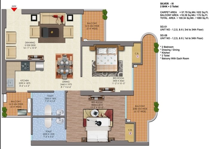 2 BHK + 2T 1080 sq. ft.