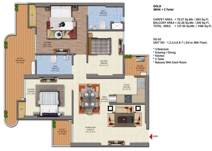 3 BHK + 2T 1480 sq. ft.
