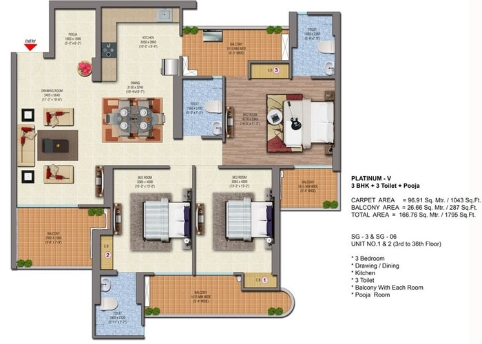 3 BHK + 3T 1795 sq. ft.