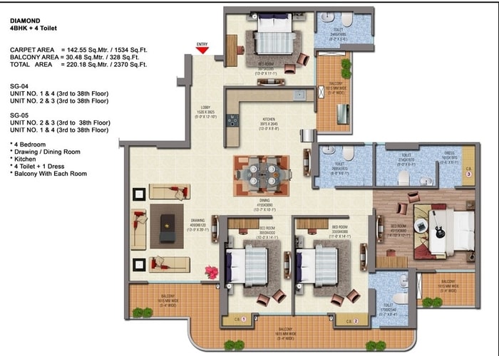 4 BHK + 4T 2370 sq. ft.